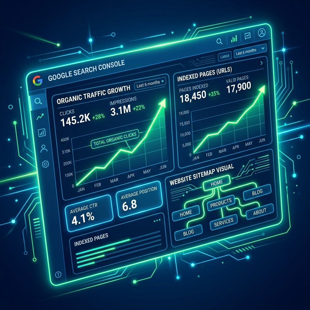 Search engine metrics and sitemap graph lines representing web indexation